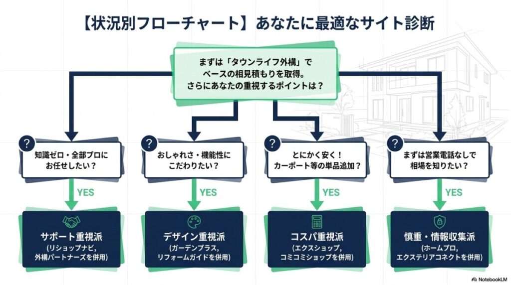 【状況別・フローチャート】あなたにおすすめの外構工事業者・見積もりサイト診断
