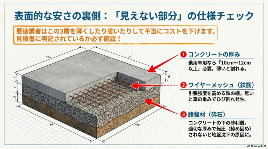 コンクリート厚や砕石（路盤材）など、見えない外構部分を確認するやり方