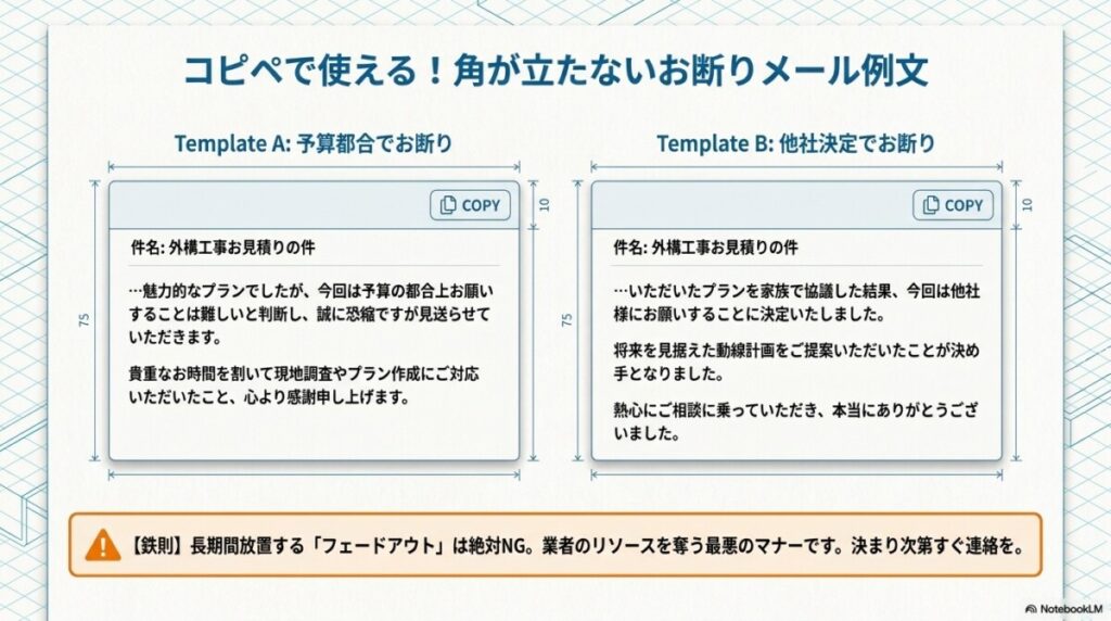 理由別でそのまま使える外構相見積もりのお断りメール例文（予算・他社決定）