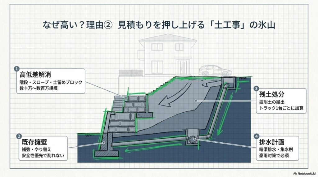 見積もりを押し上げる「土工事・擁壁・排水」の隠れ相場