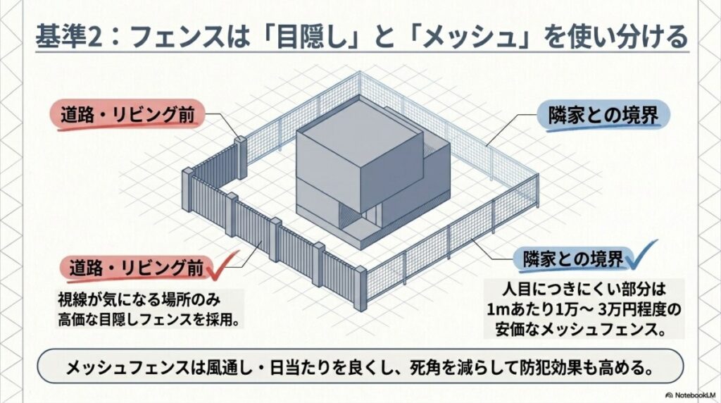 基準2：外周フェンスは「メッシュフェンス」と「目隠し」を適材適所で使い分ける