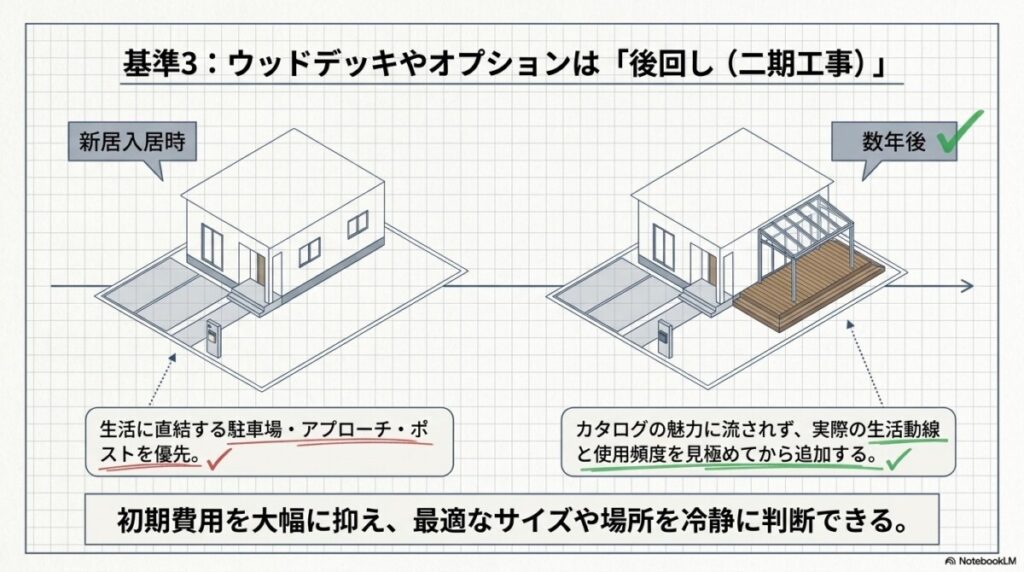 基準3：ウッドデッキやオプション設備は「実際の使用頻度」を見極めて後回しにする