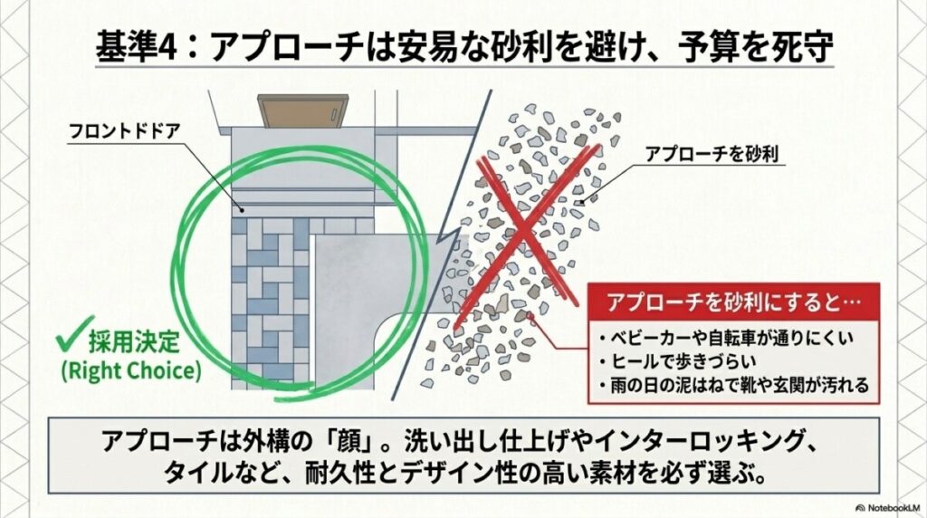 基準4：アプローチは安易な砂利を避け、耐久性とデザイン性を死守する