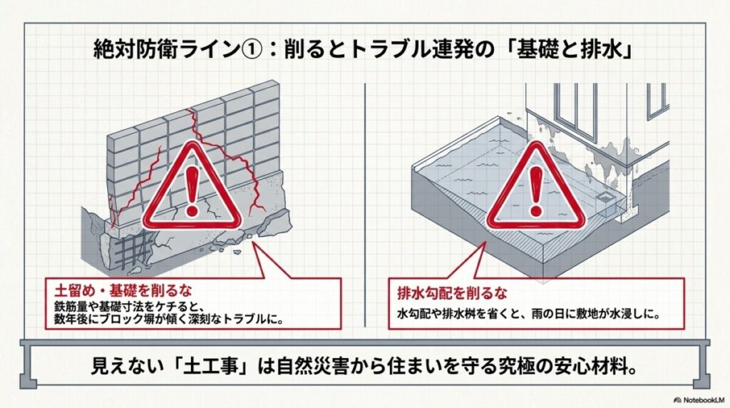 削るとトラブル連発！擁壁やブロック塀の基礎・排水計画