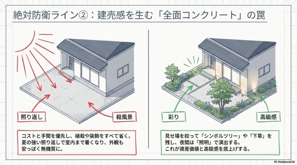 【あるある失敗事例】全面コンクリートは後悔の元！建売感を防ぐ「植栽と照明」