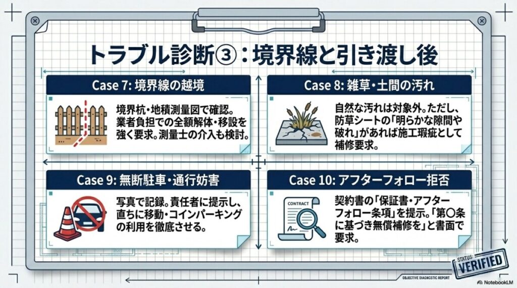 事例7：境界線の越境・フェンス位置の近隣トラブル