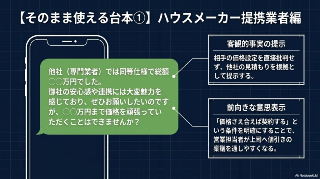 ハウスメーカー提携業者への交渉テンプレ！「他社は〇〇円だったのですが…」の伝え方