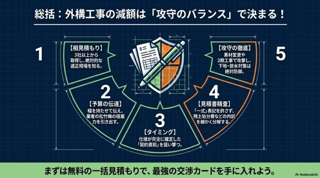 まとめ：外構工事の値引き交渉は「防御」と「攻撃」のバランスで賢く減額！